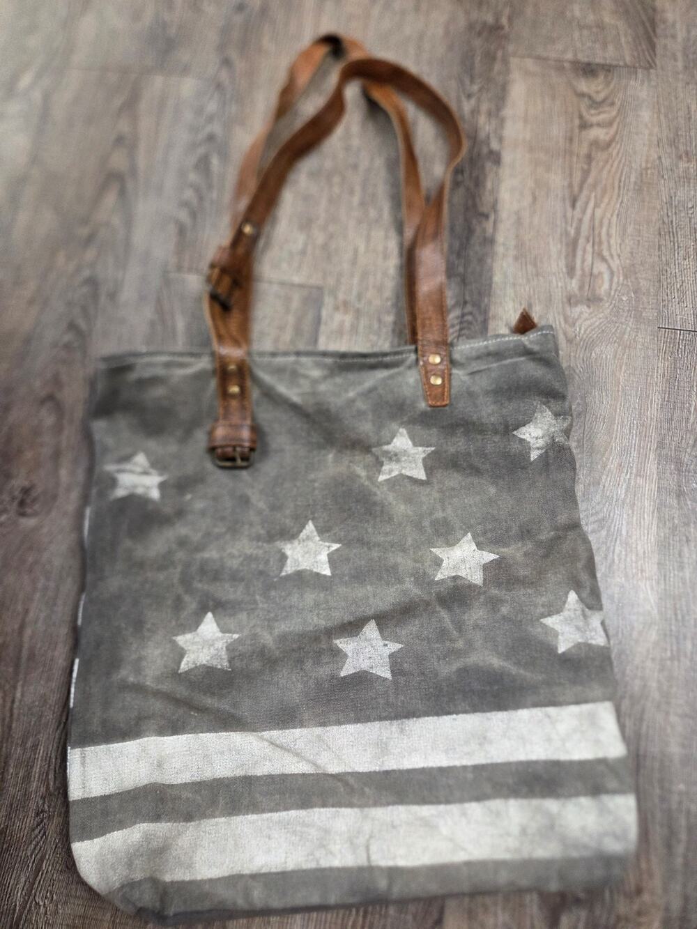 Mona B Bags Star Struck Tote Bag Canvas Genuine Leather Handles Purse